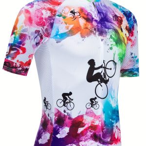 Men's Colorful Bike Rider Print Cycling Jersey, Active Breathable Crew Neck Zip Up Short Sleeve Crew Neck Shirt For Biking Riding Sports