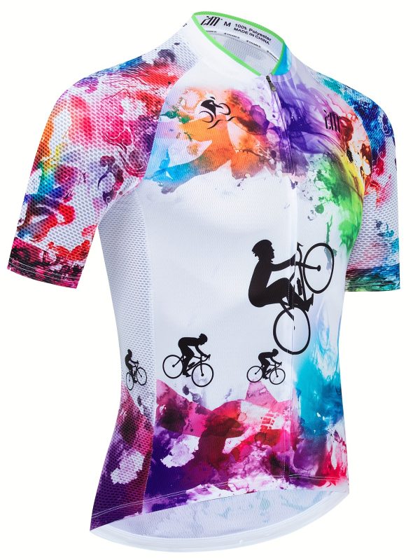 Men's Colorful Bike Rider Print Cycling Jersey, Active Breathable Crew Neck Zip Up Short Sleeve Crew Neck Shirt For Biking Riding Sports