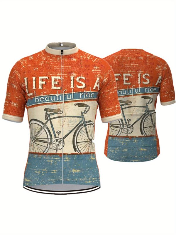 Men's Short Sleeve Cycling Jersey Top, Non-Slip Zipper Design, Quick-Dry For Mountain & Road Bikes, Sporty Style