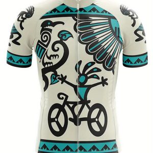 Men's Ethnic Themed Biker Pattern Short Sleeve Biking Jersey, Zip Up Quick-drying Road Cycling Sweat-absorbing Clothing With Reflective Stripe