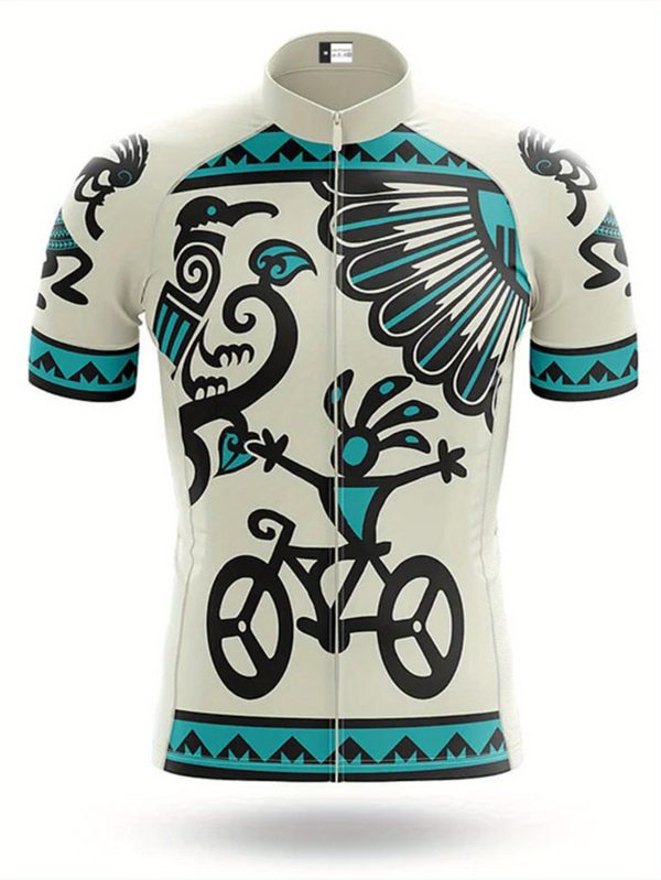 Men's Ethnic Themed Biker Pattern Short Sleeve Biking Jersey, Zip Up Quick-drying Road Cycling Sweat-absorbing Clothing With Reflective Stripe