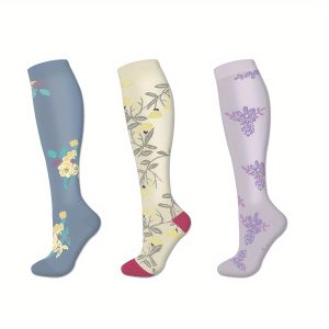 Floral Compression Socks 3-Pack, 75% Polyester 25% Elastane, Machine Washable, All-Season Knit Fabric, Supportive Long Tube Socks for Running, Cycling, Fitness and Outdoor Sports