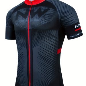 Men's Color Block Cycling Jersey, Stretch Casual Men's Zip Up Round Neck Short Sleeve MTB Jacket For Outdoor Sports