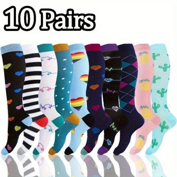 10 pairs Unisex Colorful Pattern Compression Knee High Socks for Athletic Activities, Cycling, Running, Hiking, Driving, Travel