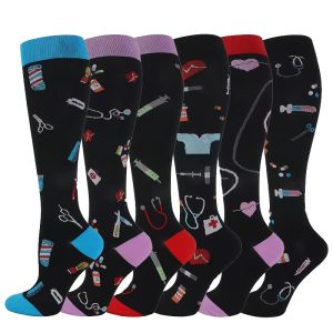 6-Pack Women's Compression Socks, All-Season Knit Fabric, 85% Polyester 15% Spandex, Machine Washable, Performance Sports Compression Socks for Running, Cycling, Fitness - Assorted Designs