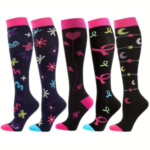 Women's Compression Calf Socks 5-Pack - Nylon & Spandex Blend, Knit Fabric, Rib-Knit Details, Geometric Pattern, Suitable for Cycling, Yoga, Running & Athletic Activities, Machine Washable - Multicolor