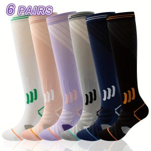 6 Pairs GOCHROFEI High Elastic Compression Athletic Socks, Nylon Blend Knit Fabric, Color Block, for Fitness, Cycling, Running, Yoga - Hand Wash Only, Nylon 65%, Polyester 20%, Spandex 15%