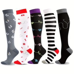 5 Pairs Medical Pattern Compression Socks For Cycling & Sports, Women's Stockings & Hosiery