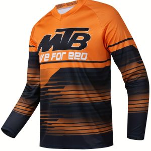 MTB-13 Men's Cycling Jersey, Long Sleeve, V-Neck, Geometric Pattern, Breathable Knit, Regular Fit, for Running, Training, Riding, Fishing, Daily Casual Wear, All-Season Use